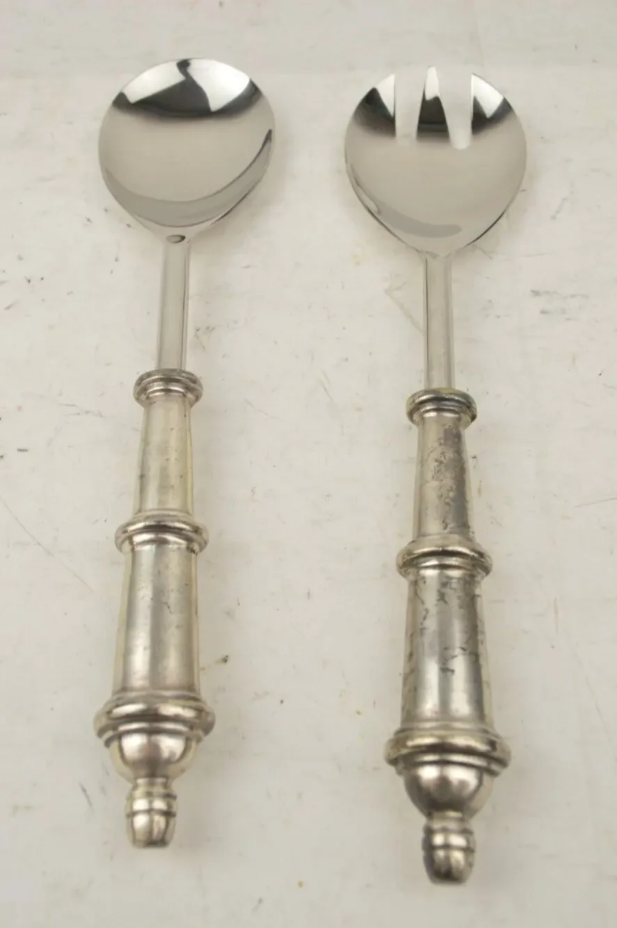 Vintage Silver Tone Salad Serving Spoon Fork Set Ornate Handles Made in India